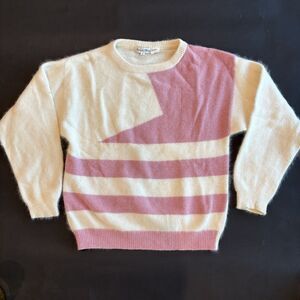 Vintage Womens Angora Sweater L Pink White Coquette 80s Glam Rock Soft Girl wool